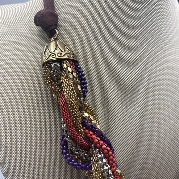 Ali-Khan Braided Mesh Chain Beaded Ribbon Necklace Multicolor Metallic‎ New York - Picture 3 of 7